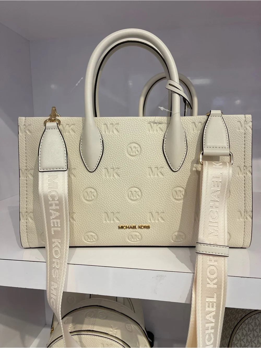 Michael Kors Mirella Md Logo Debossed Satchel Shoulder Tote Handbag Lt Cream NWT